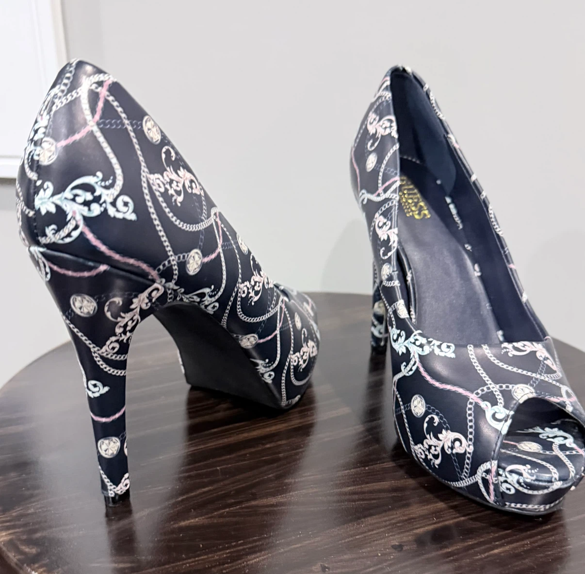 Navy Blue Chain Print Heels (Guess) - photo 4