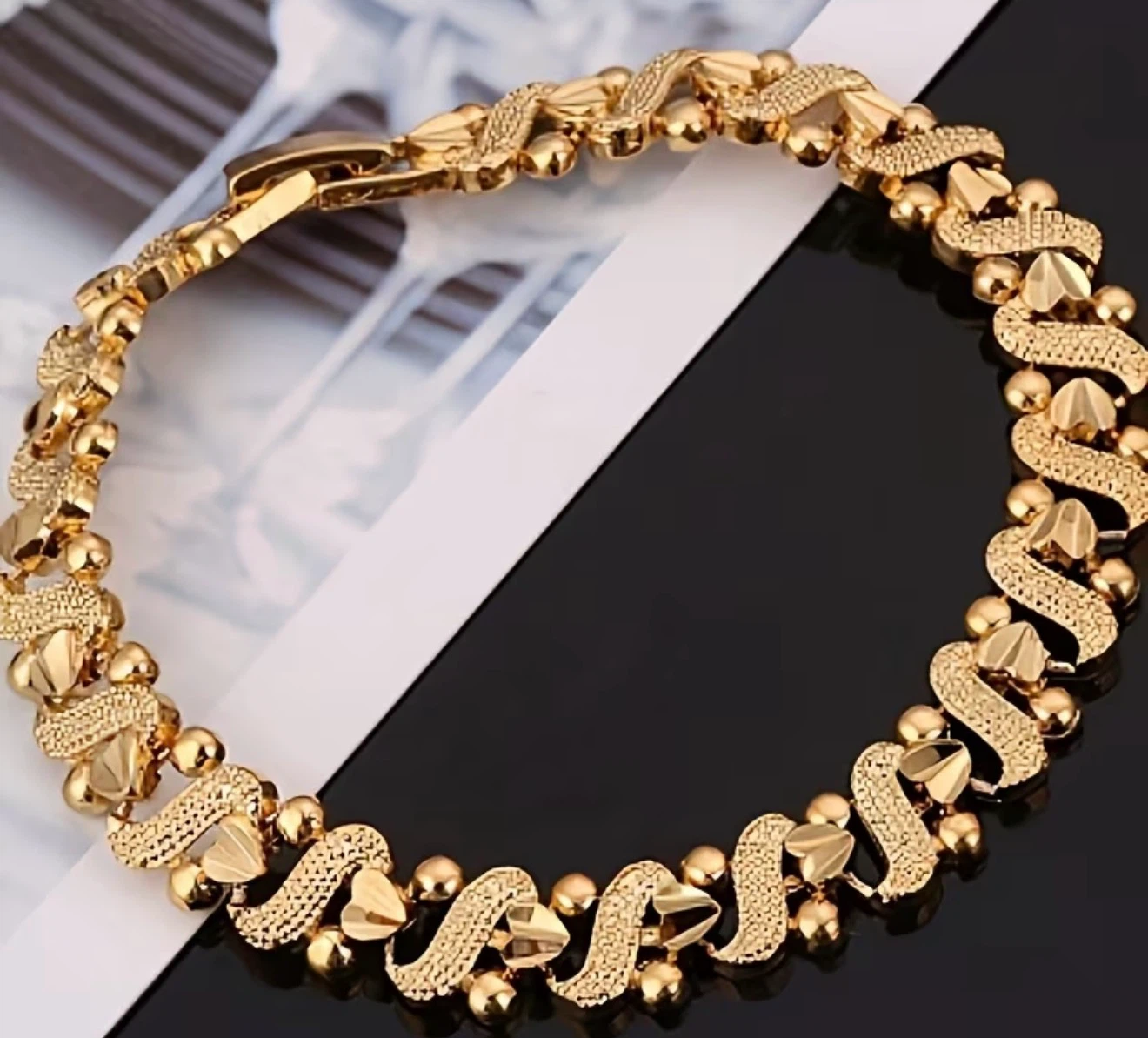 24K Plated Gold-toned Heart and Bead Chain Bracelet