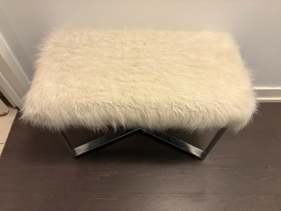 White Faux Fur Bench Ottoman with Chrome Base
