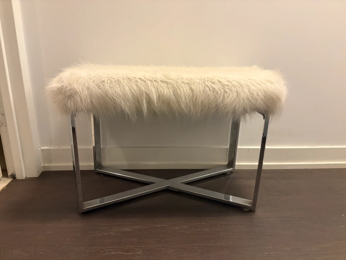 White Faux Fur Bench Ottoman with Chrome Base - photo 2
