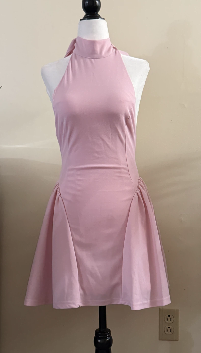 Pink Halter Neck Dress with Bow Tie