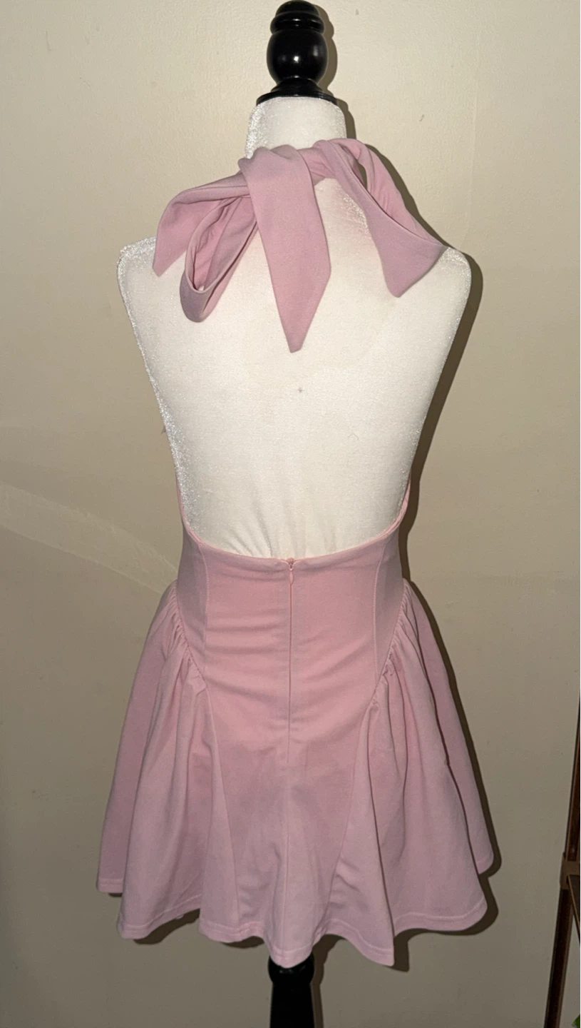 Pink Halter Neck Dress with Bow Tie - photo 3