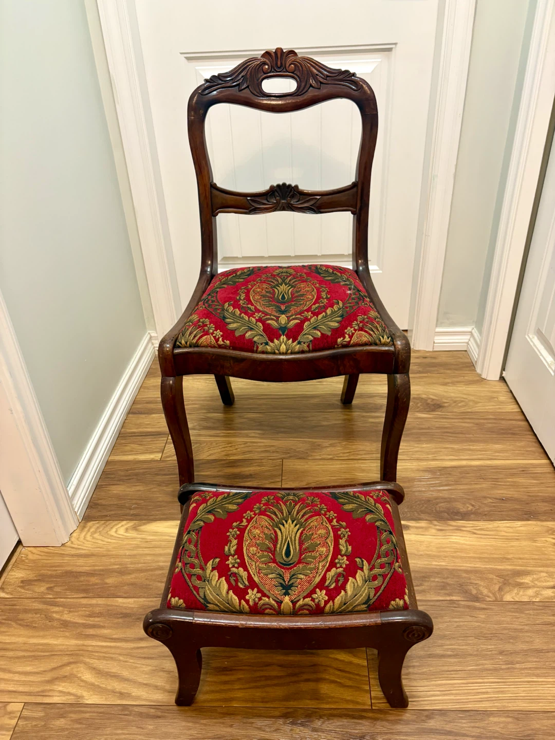 Antique Carved Wooden Step Stool Chair with Upholstery