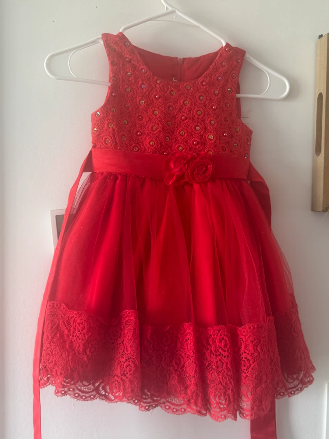 Girls Red Tulle Lace Party Dress