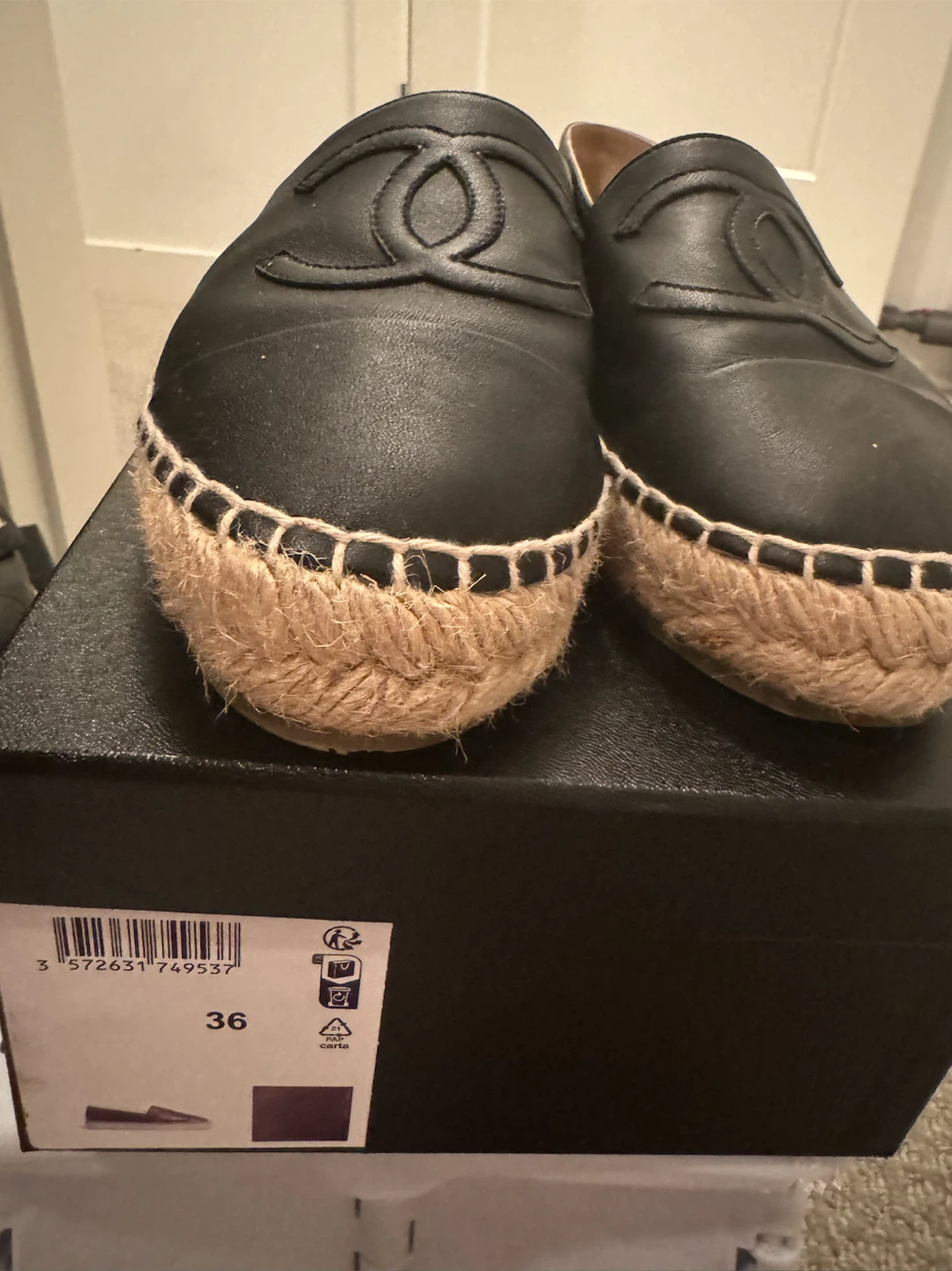 Chanel Black Leather Espadrille Flats