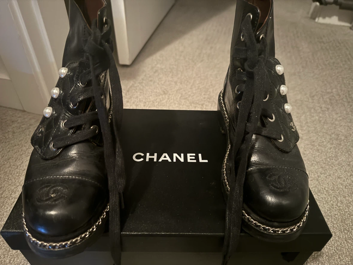 Chanel Black Leather Combat Boots with Pearls and Chain