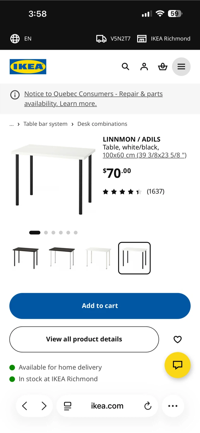 IKEA LINNMON / ADILS Table, White/Black, 100x60 cm