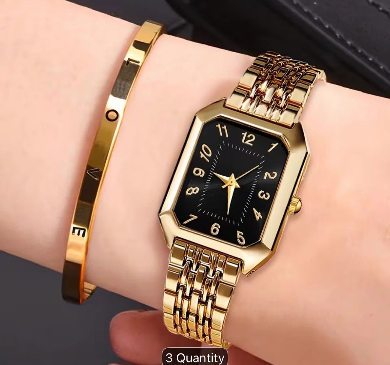 14K Plated Gold Tone Rectangle Watch with "LOVE" Bracelet Set