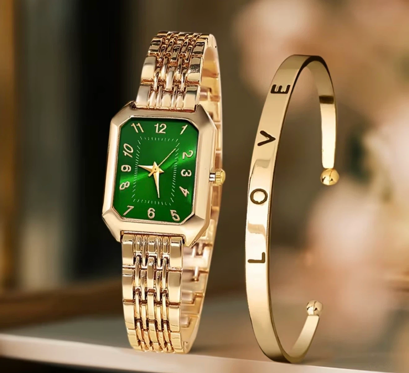 14K Plated Gold Tone Rectangle Watch with "LOVE" Bracelet Set - photo 2