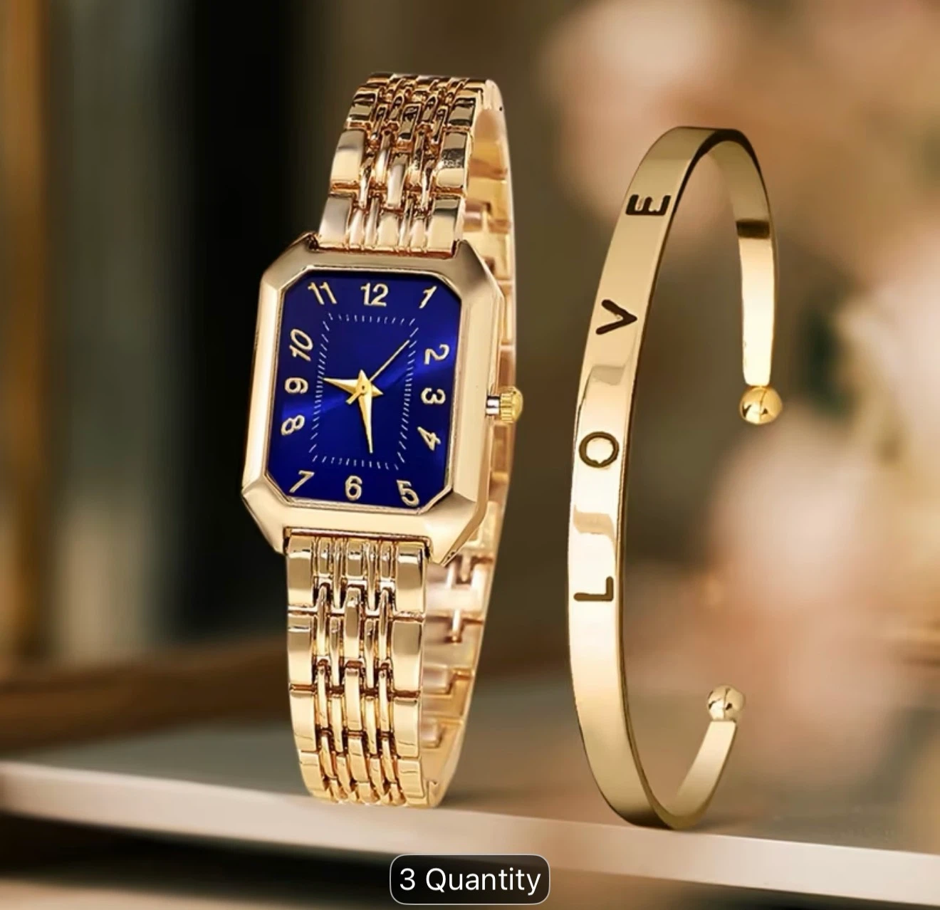 14K Plated Gold Tone Rectangle Watch with "LOVE" Bracelet Set - photo 3