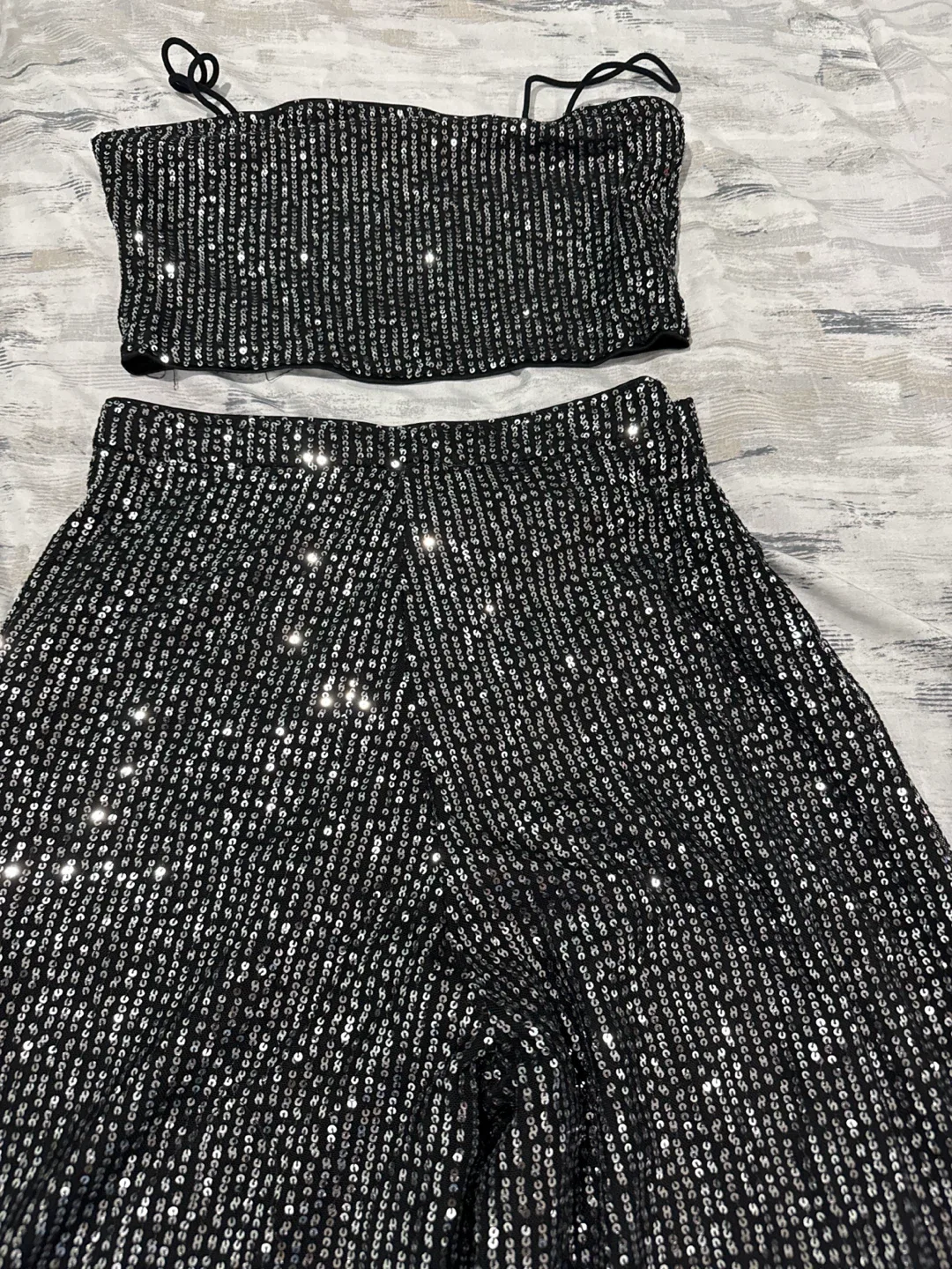 Sequin Tube Top and Wide Leg Pants Set