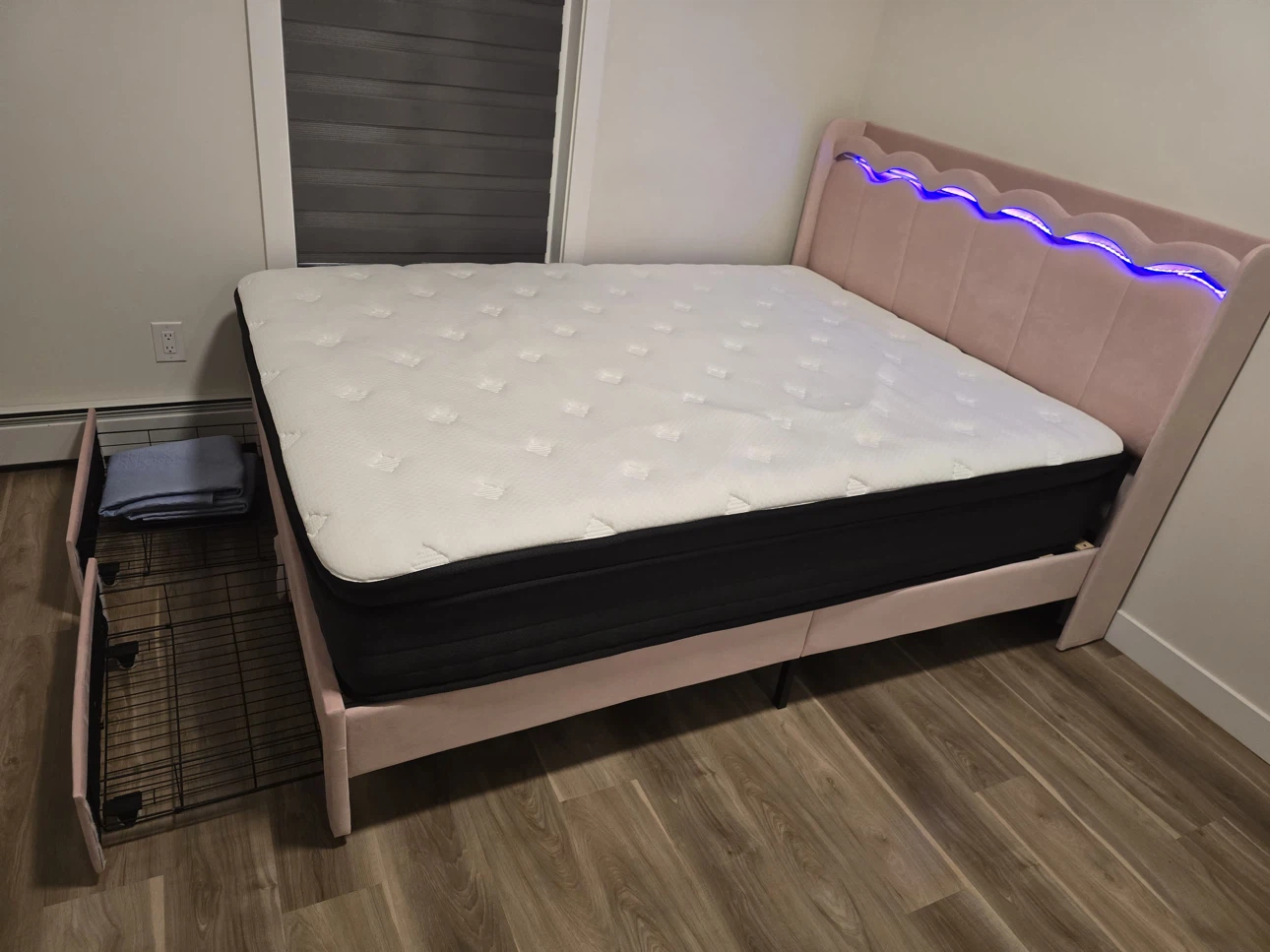 Pink Velvet Bed Frame with Scalloped Headboard and LED Lights