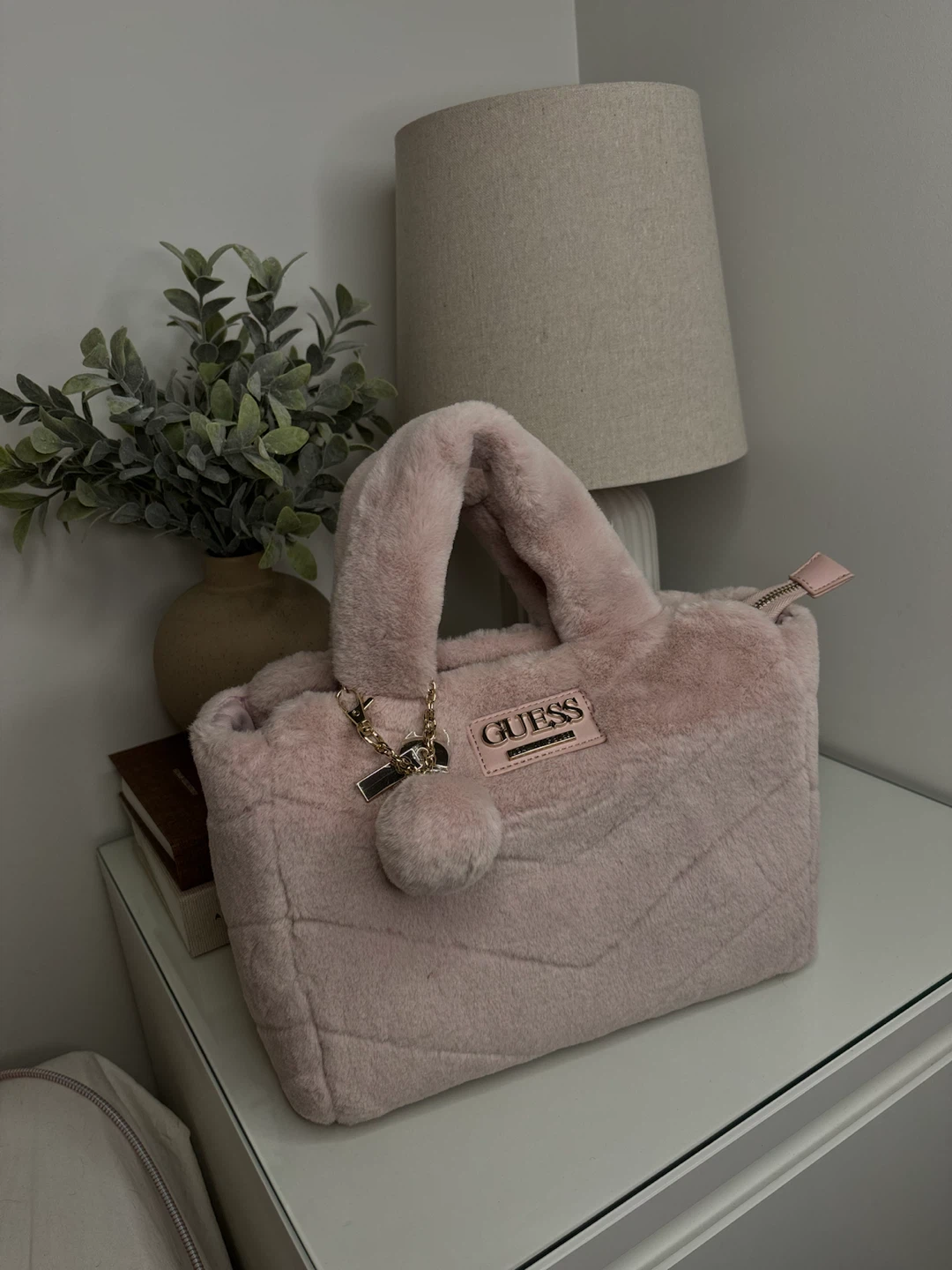 GUESS Pink Faux Fur Mini Tote Bag