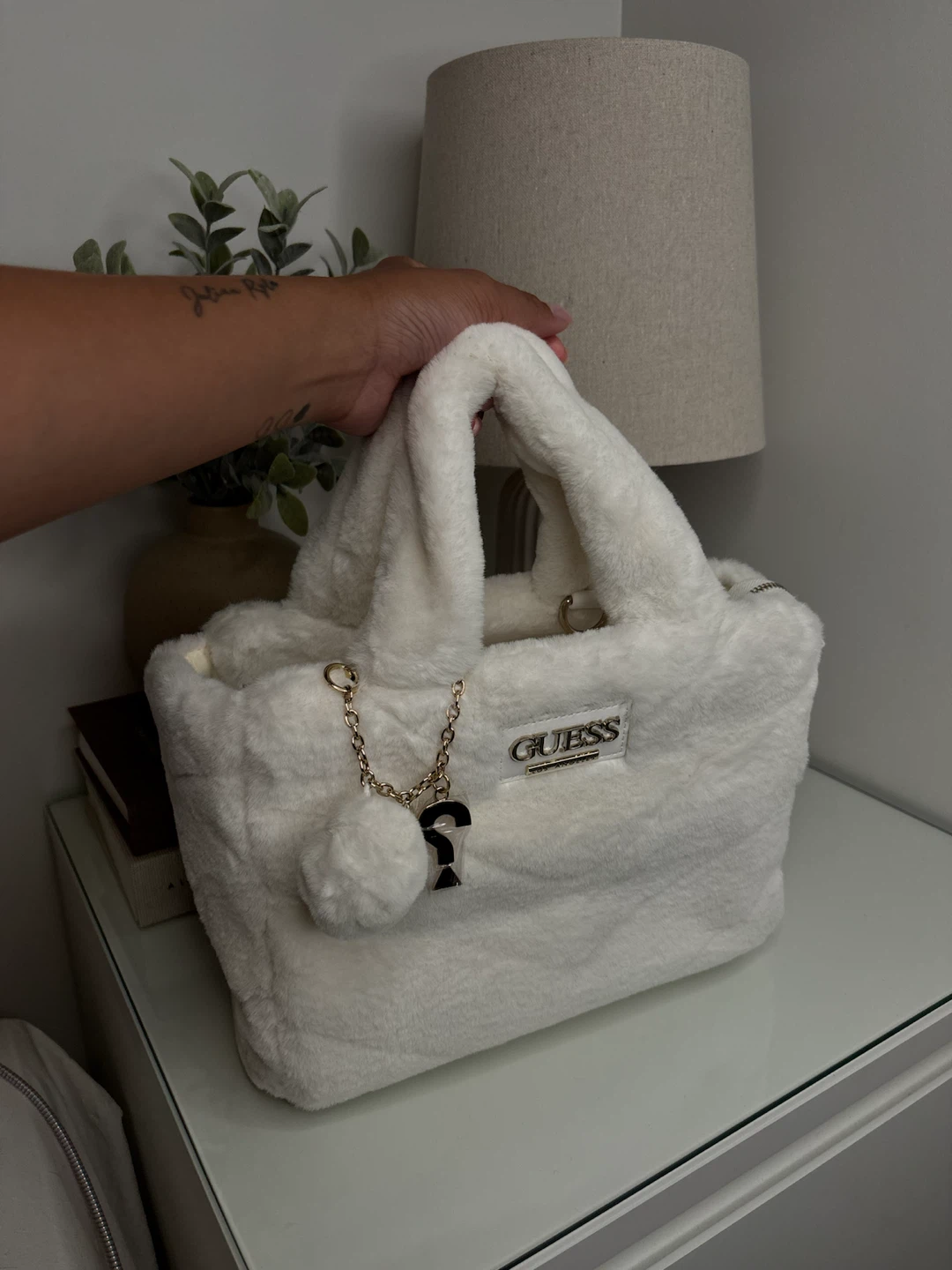 White Guess Faux Fur Tote Bag