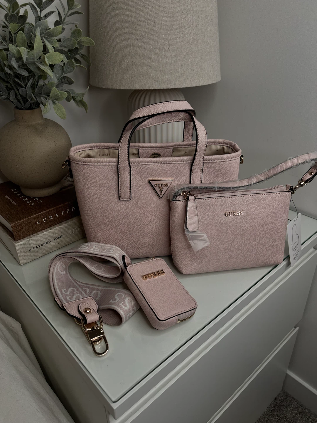 Guess Pink Tote Bag Set with Pouch and Cardholder