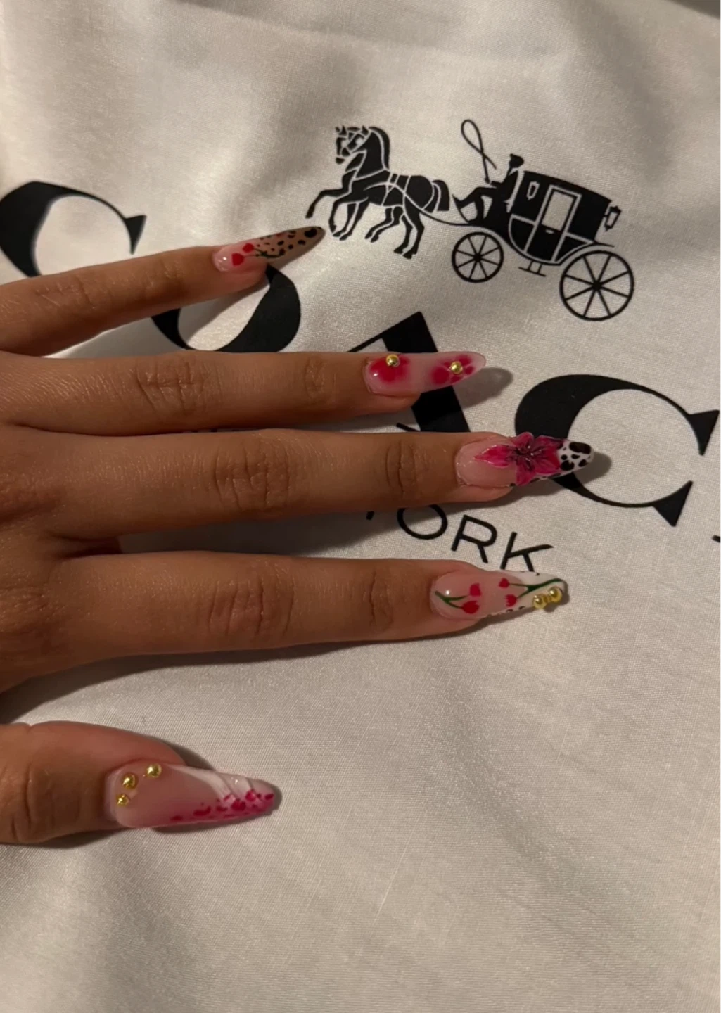 Custom French Tip Nails with Floral and Animal Print Accents