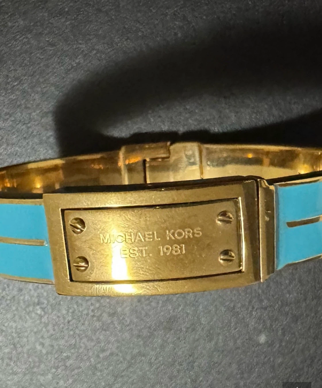 Michael Kors Gold Tone & Blue Enamel Hinged Bangle Bracelet