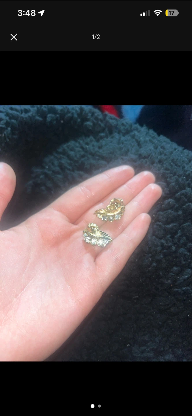 Gold Tone Leaf Earrings with Rhinestones