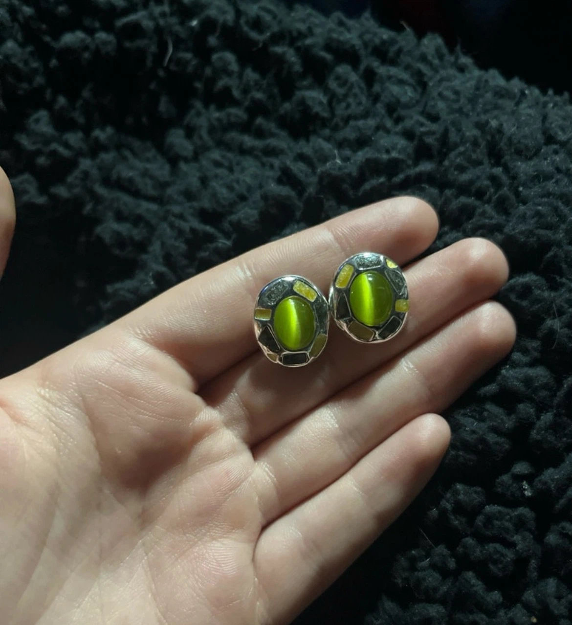 Stud Earrings with Green Cat's Eye