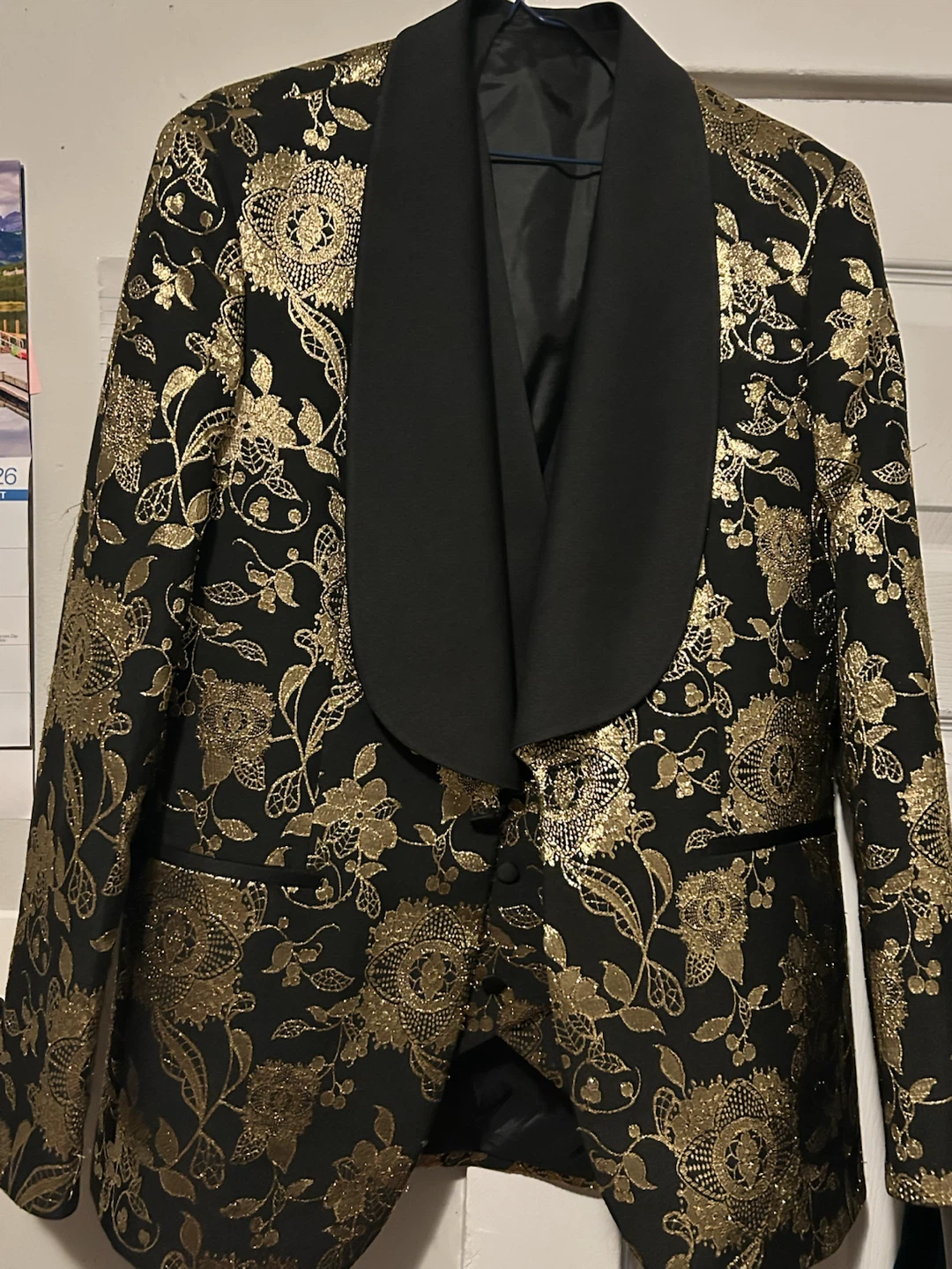 Black and Gold Floral Shawl Collar Blazer