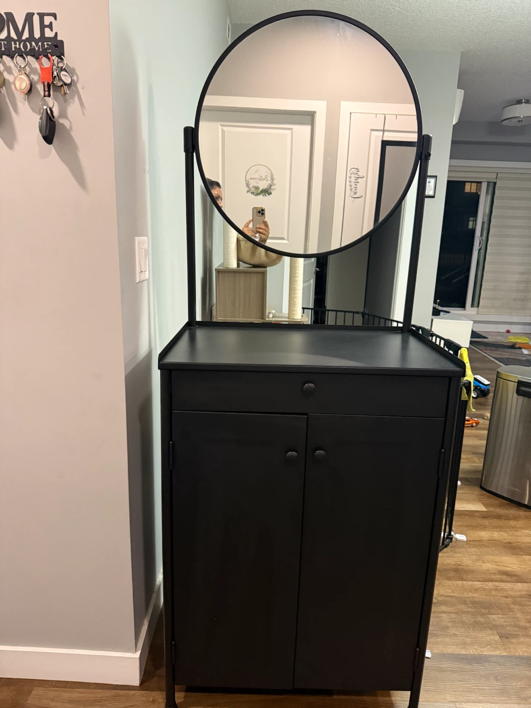 Black Vanity Cabinet with Round Mirror