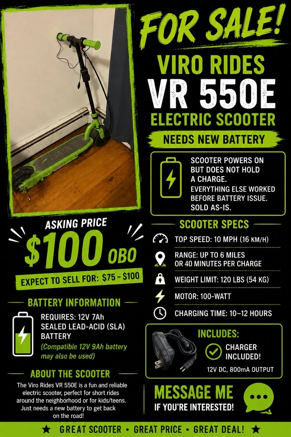 Viro Rides VR 550E Electric Scooter - Needs New Battery