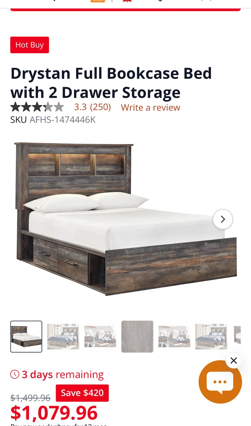 Drystan Full Bookcase Bed with 2 Drawer Storage