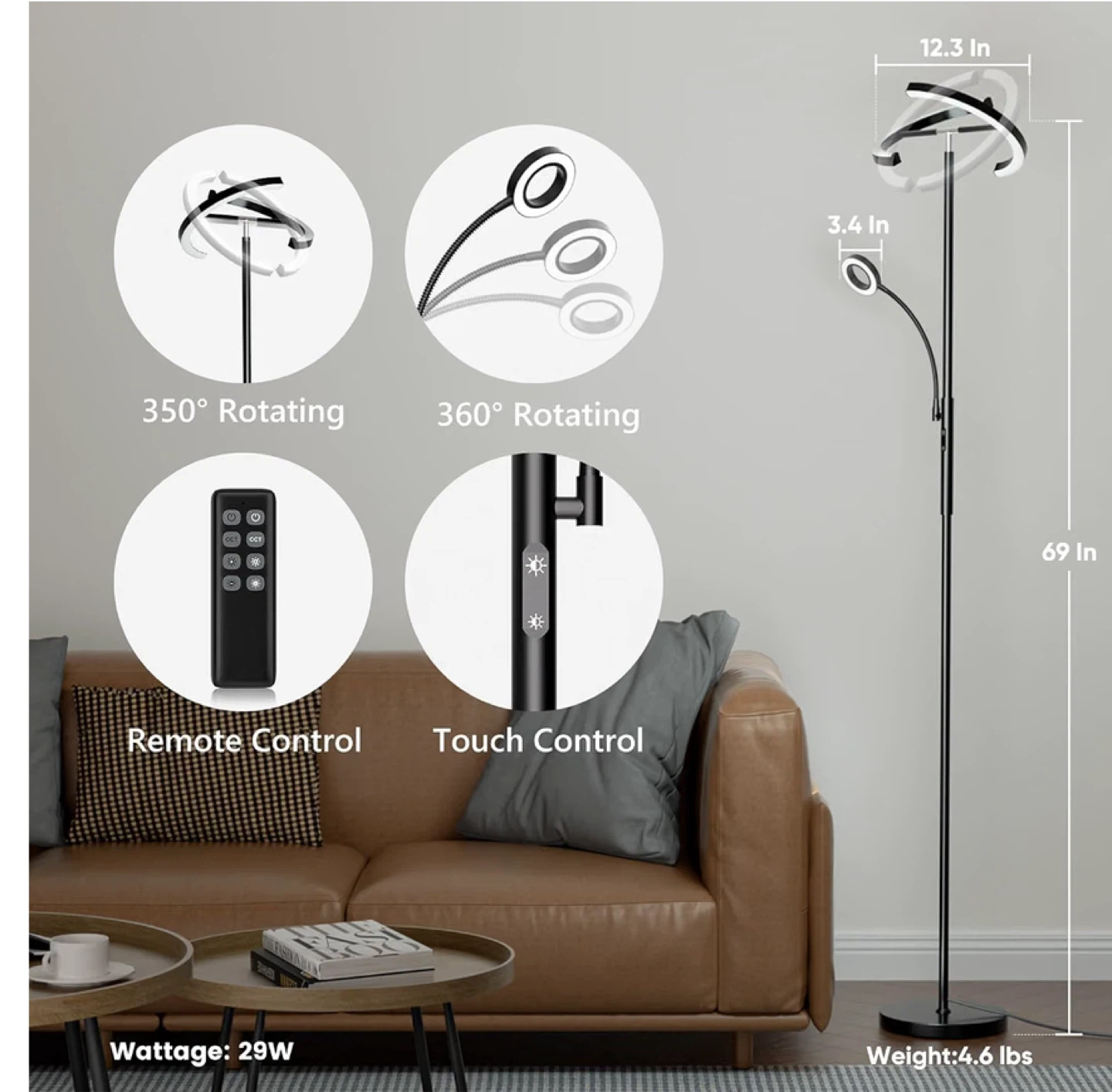 Modern LED Floor Lamp with Reading Light - Black - photo 2