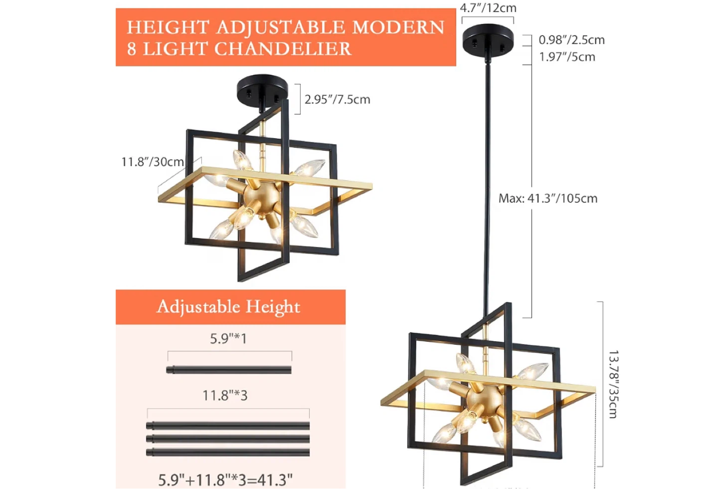 Majhoiw Geometric Modern Chandelier - 8 Lights, Black and Gold - photo 3