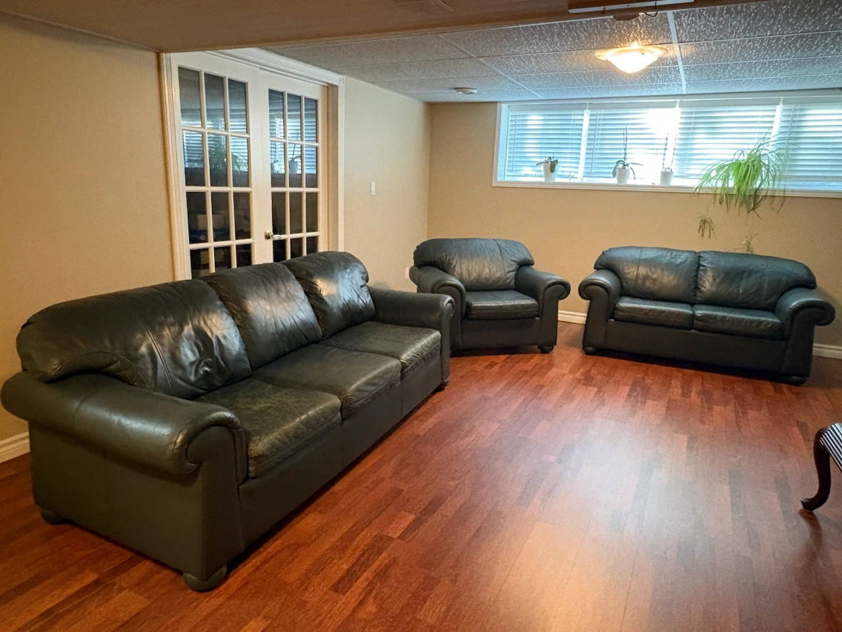 Dark Green Leather Sofa, Loveseat and Armchair Set