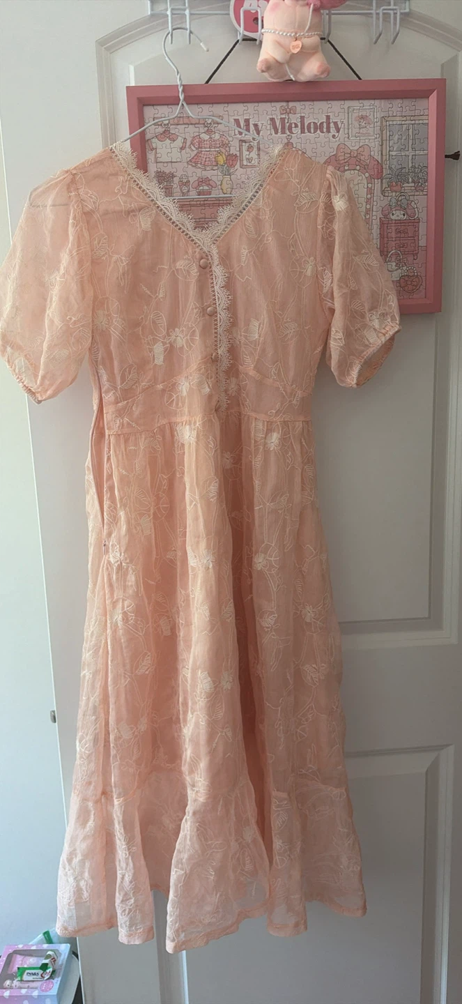Peach Embroidered Midi Dress