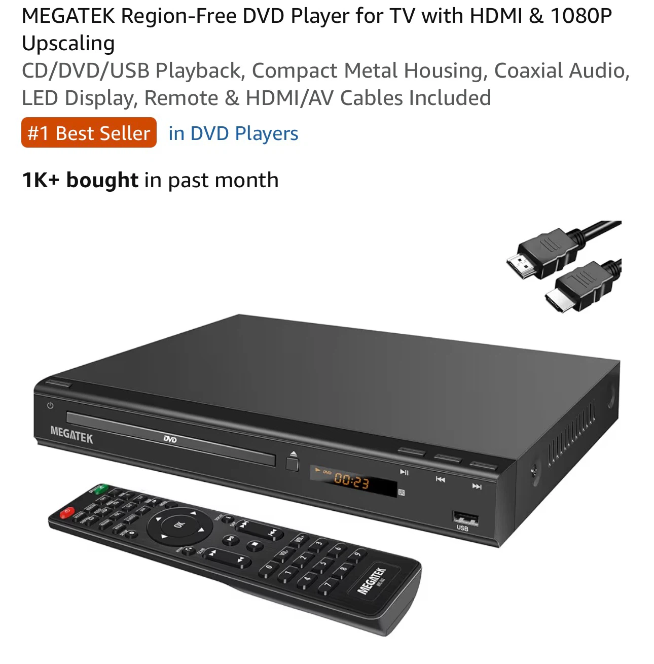 MEGATEK Region-Free DVD Player with HDMI & 1080P Upscaling