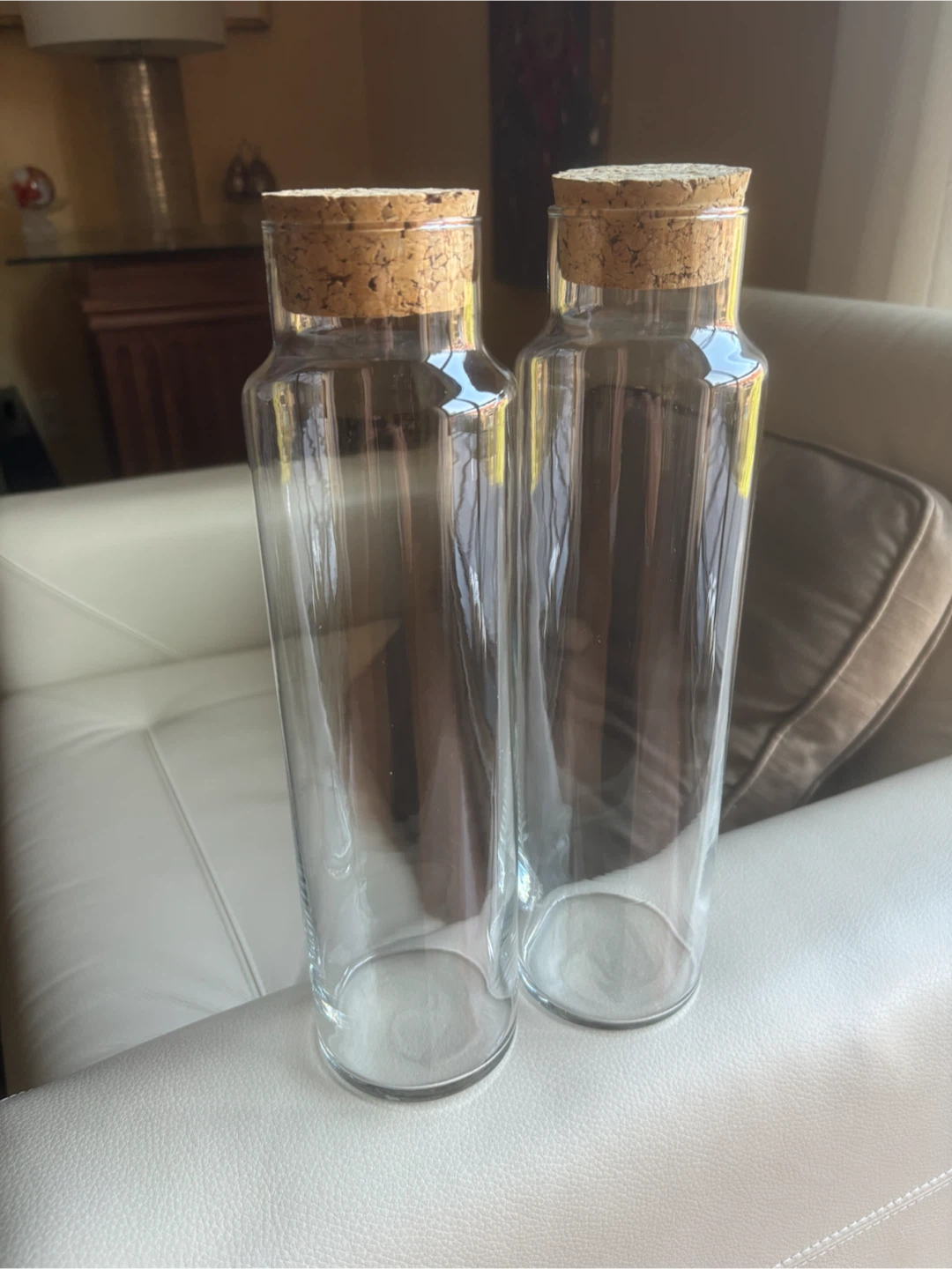 Pair of Clear Glass Bottles with Cork Stoppers