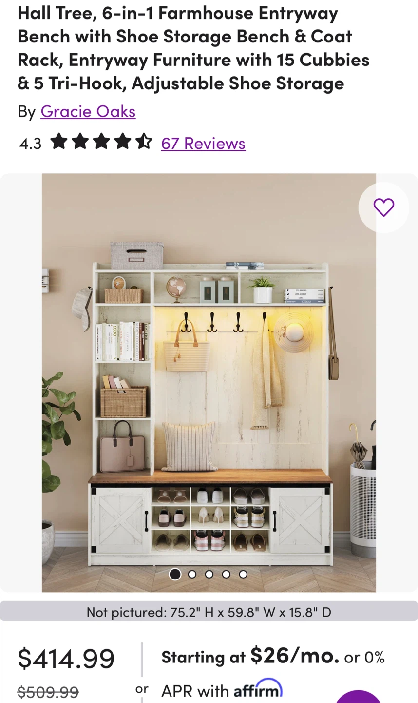 Hall Tree Entryway Bench with Coat Rack & Shoe Storage