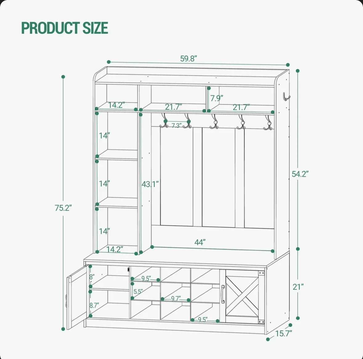 Hall Tree Entryway Bench with Coat Rack & Shoe Storage - photo 2