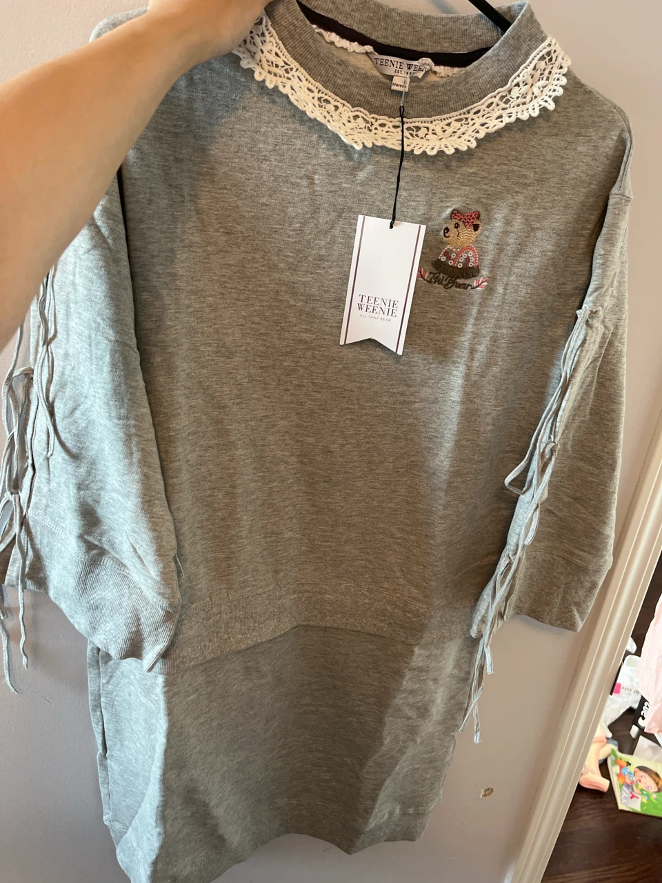 Teenie Weenie Grey Embroidered Bear Dress with Lace Collar