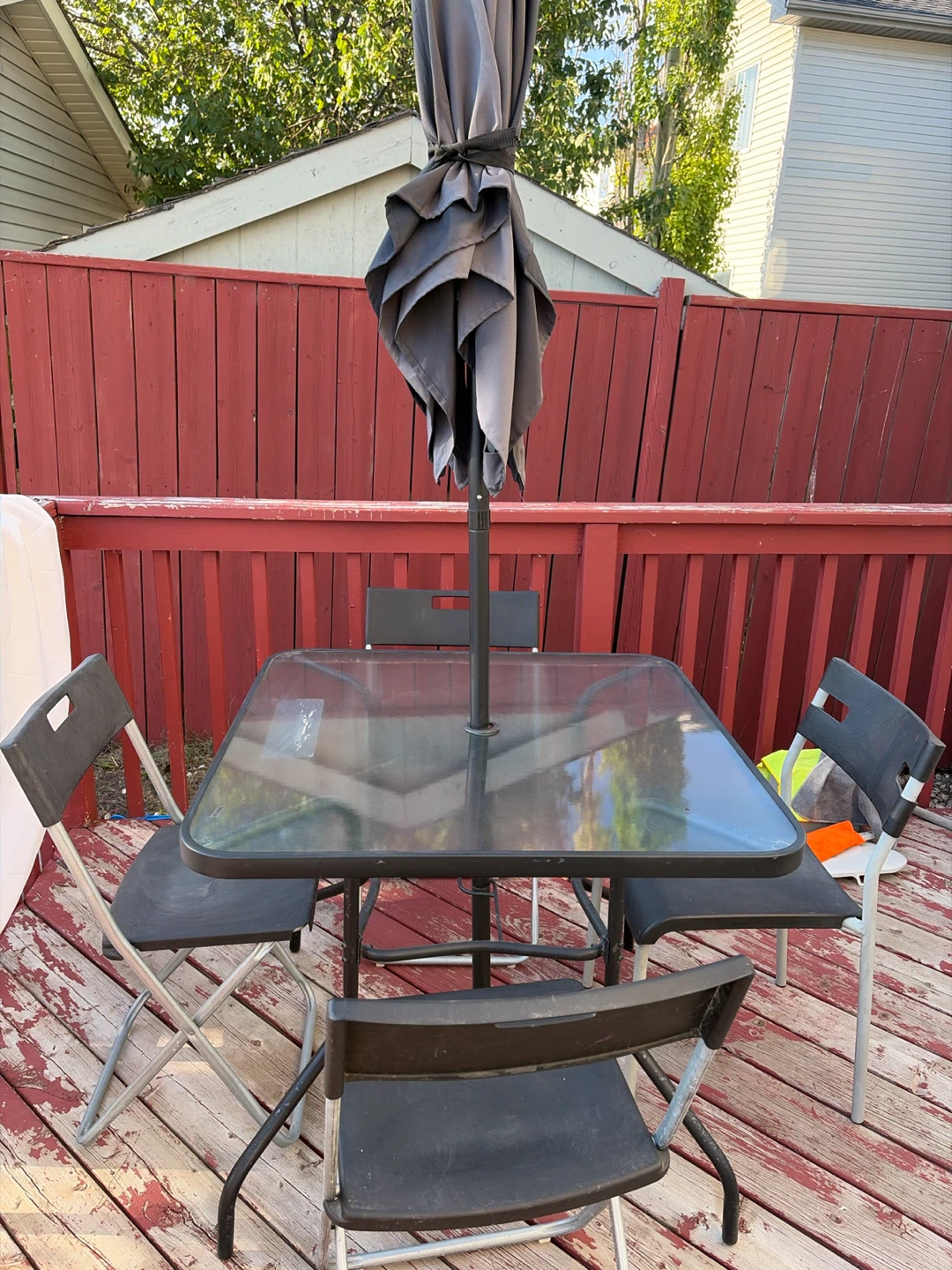 Glass Patio Dining Set with Umbrella- moving sale