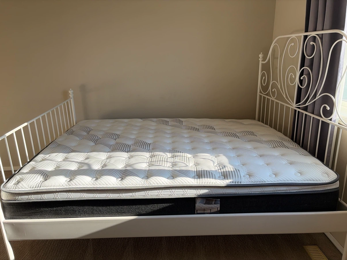 Queen Mattress with White Metal Bed Frame- moving sale