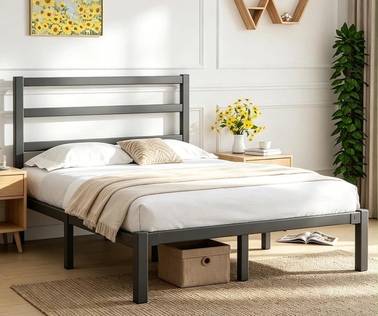Queen Size Metal Bed Frame with Headboard - Black