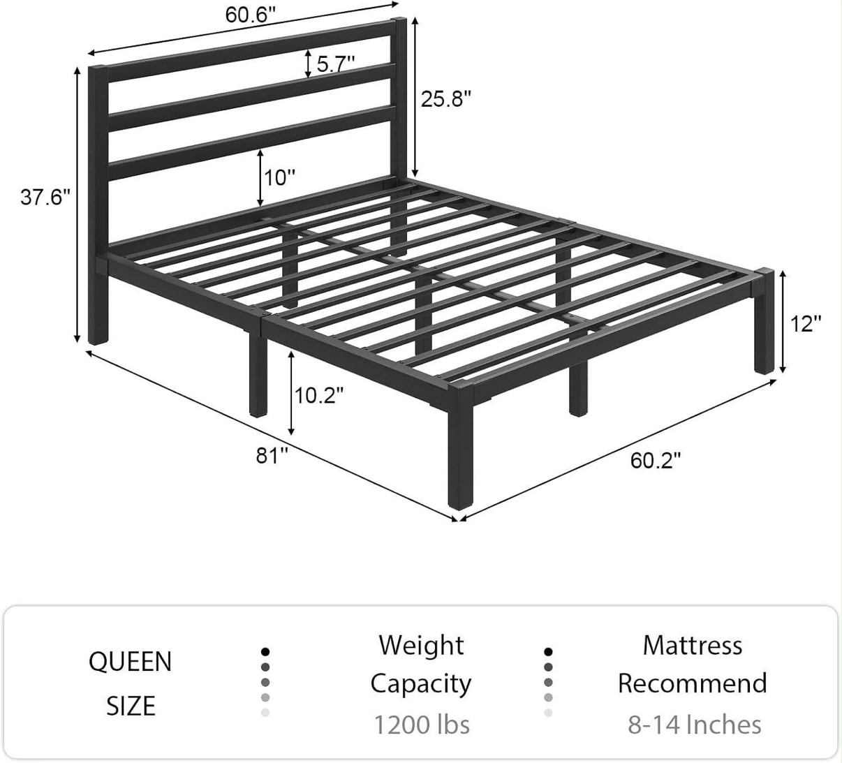 Queen Size Metal Bed Frame with Headboard - Black - photo 3