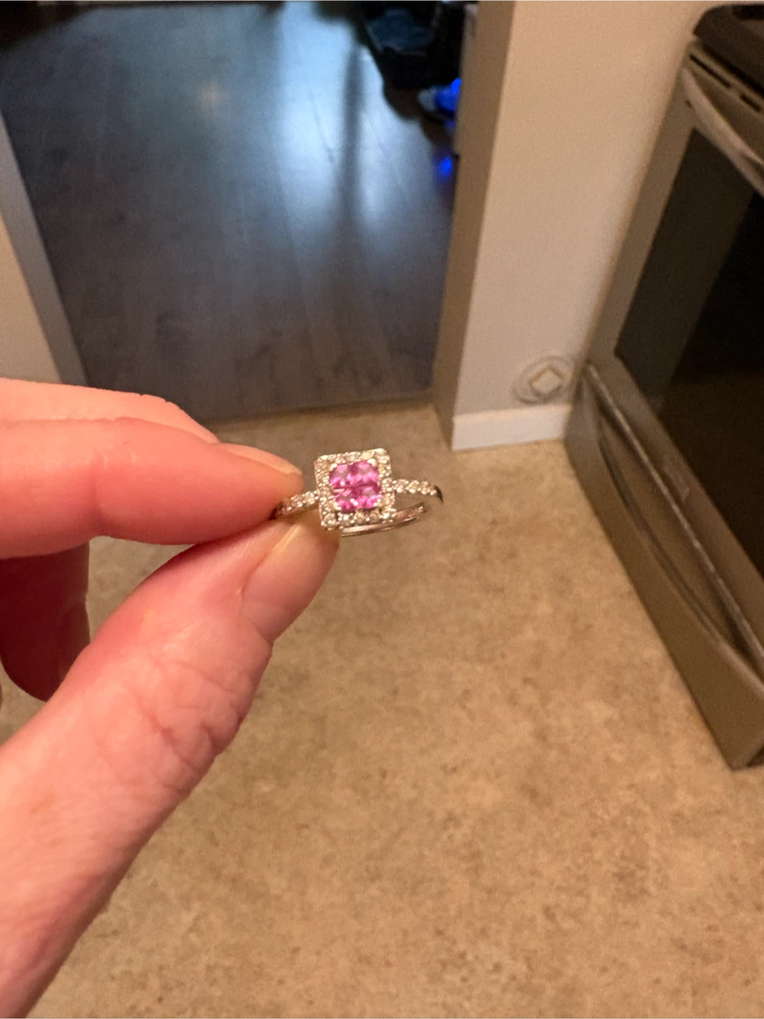 Pink Princess Cut Ring with Diamond Accents