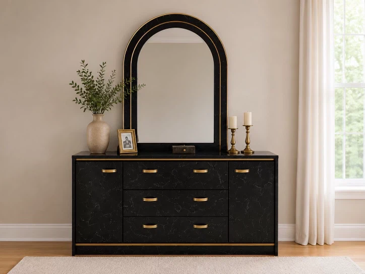 Black & Gold Dresser with Mirror & a Headboard - photo 3