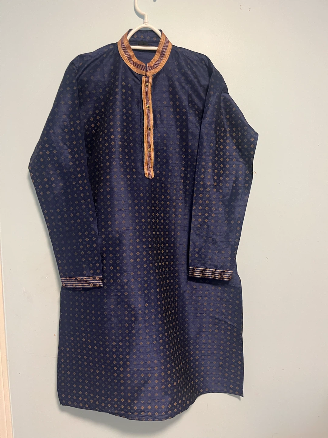 Navy Blue Kurta with Gold Diamond Pattern