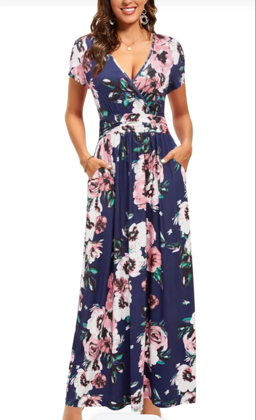 Navy Floral Maxi Dress with Pockets