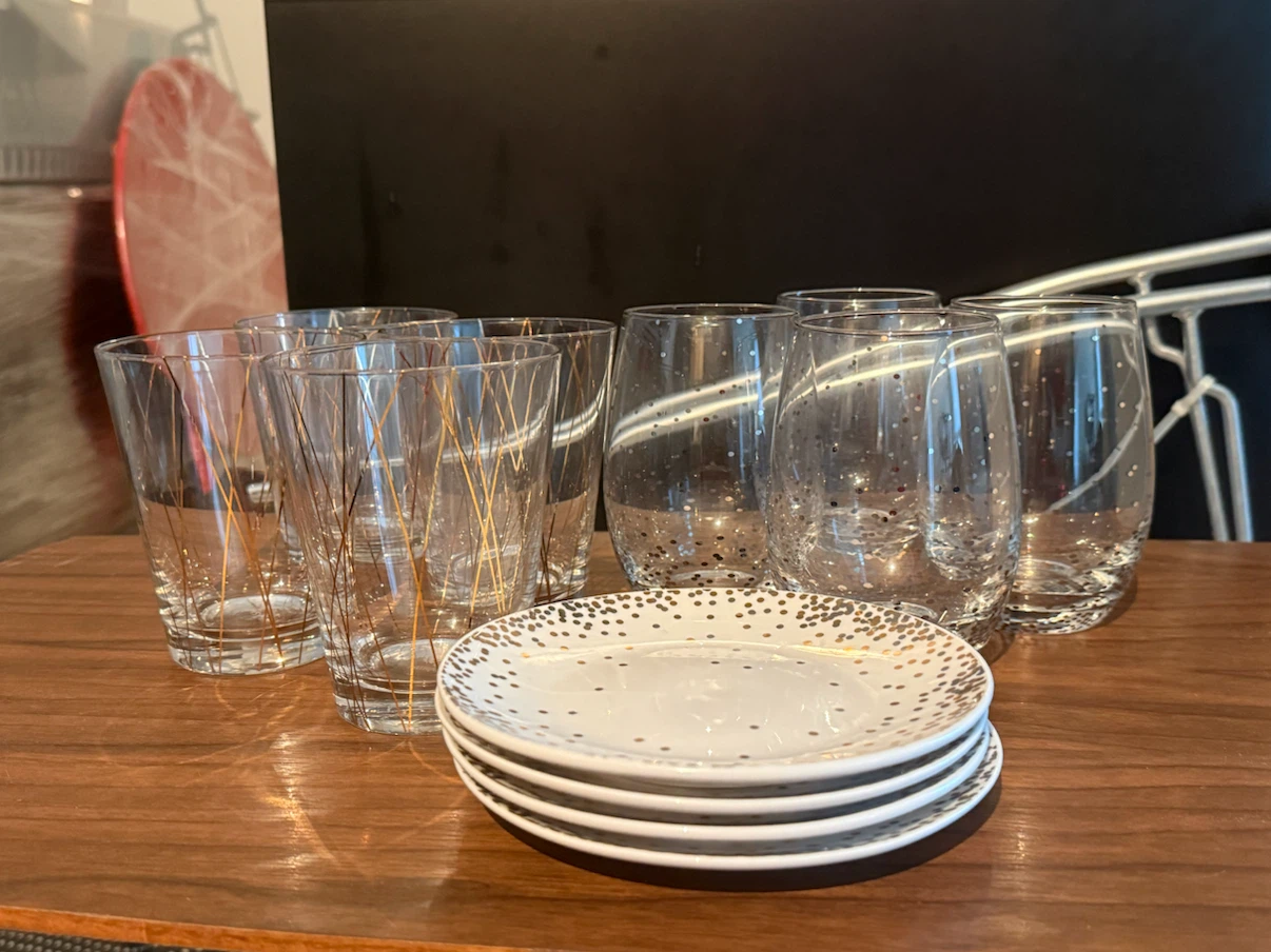 Mikasa Lustre Glasses and Wine Glasses with matching plates