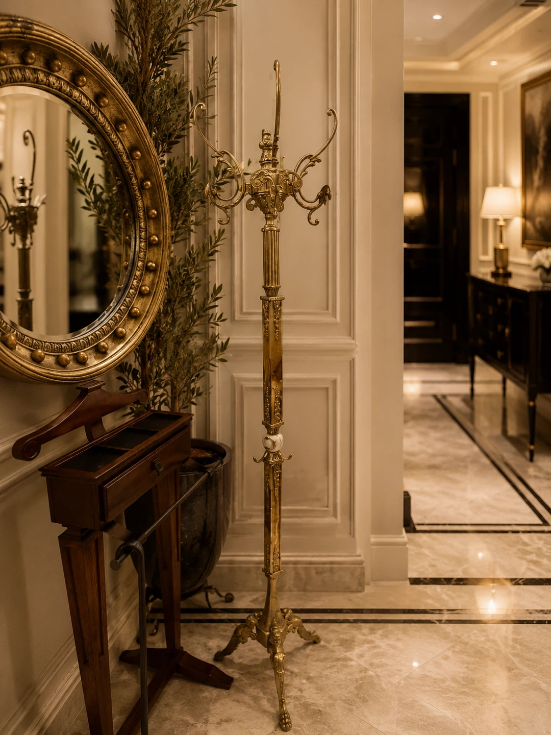 Ornate Brass Coat Rack with Onyx Accents