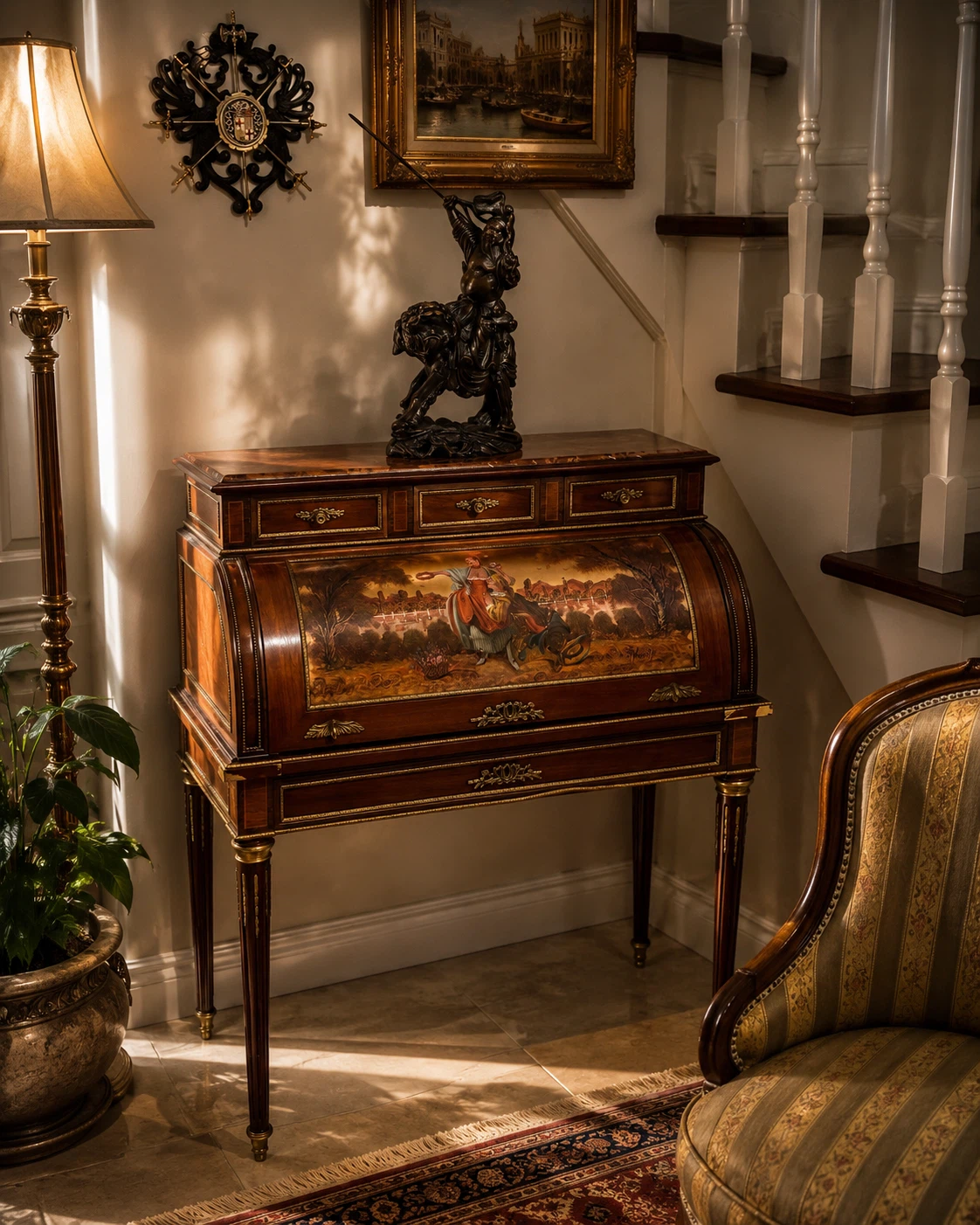 Antique Wooden Roll Top Desk with Painted Scene