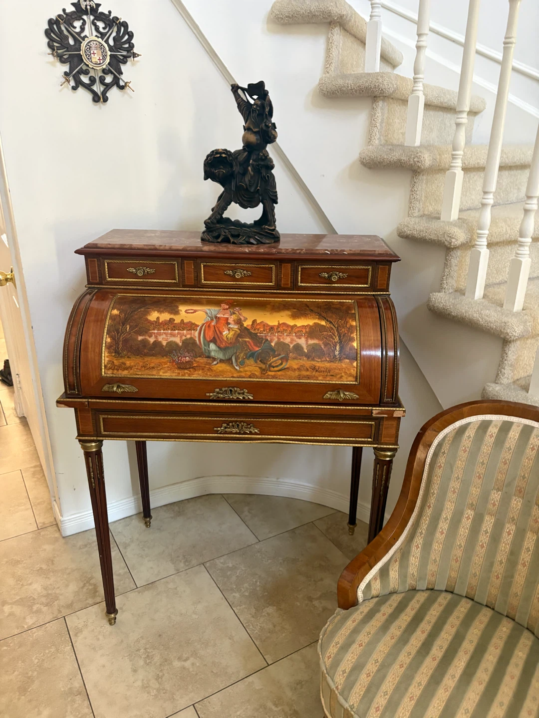 Antique Wooden Roll Top Desk with Painted Scene - photo 2