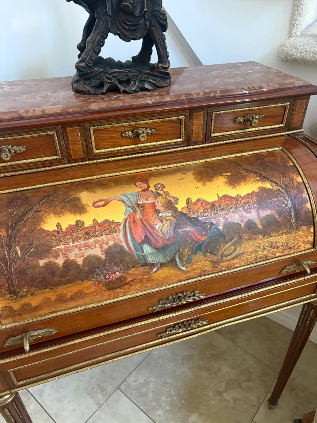Antique Wooden Roll Top Desk with Painted Scene - photo 3