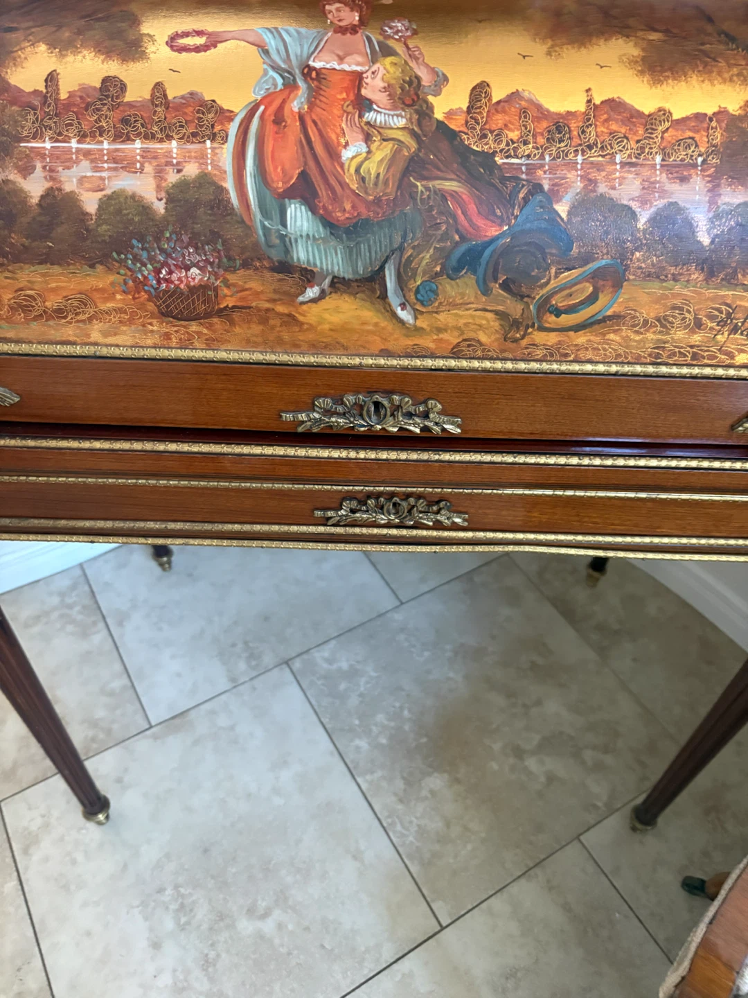 Antique Wooden Roll Top Desk with Painted Scene - photo 5